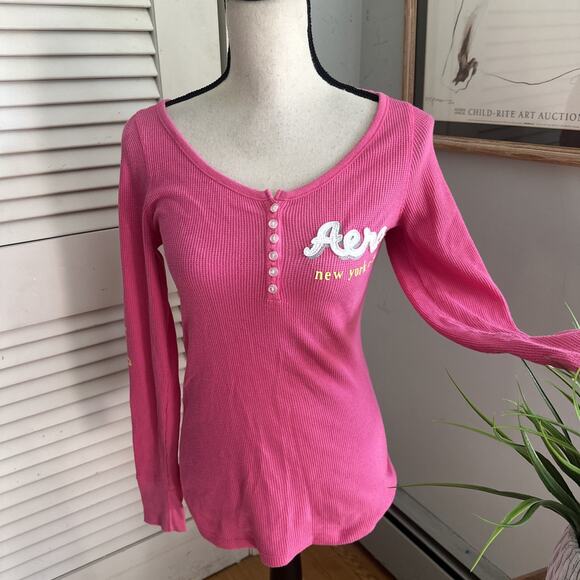 AEROPOSTALE Henley Shirt Womens Large Pink Waffle Weave Logo Retro Y2K Grunge - Picture 1 of 10